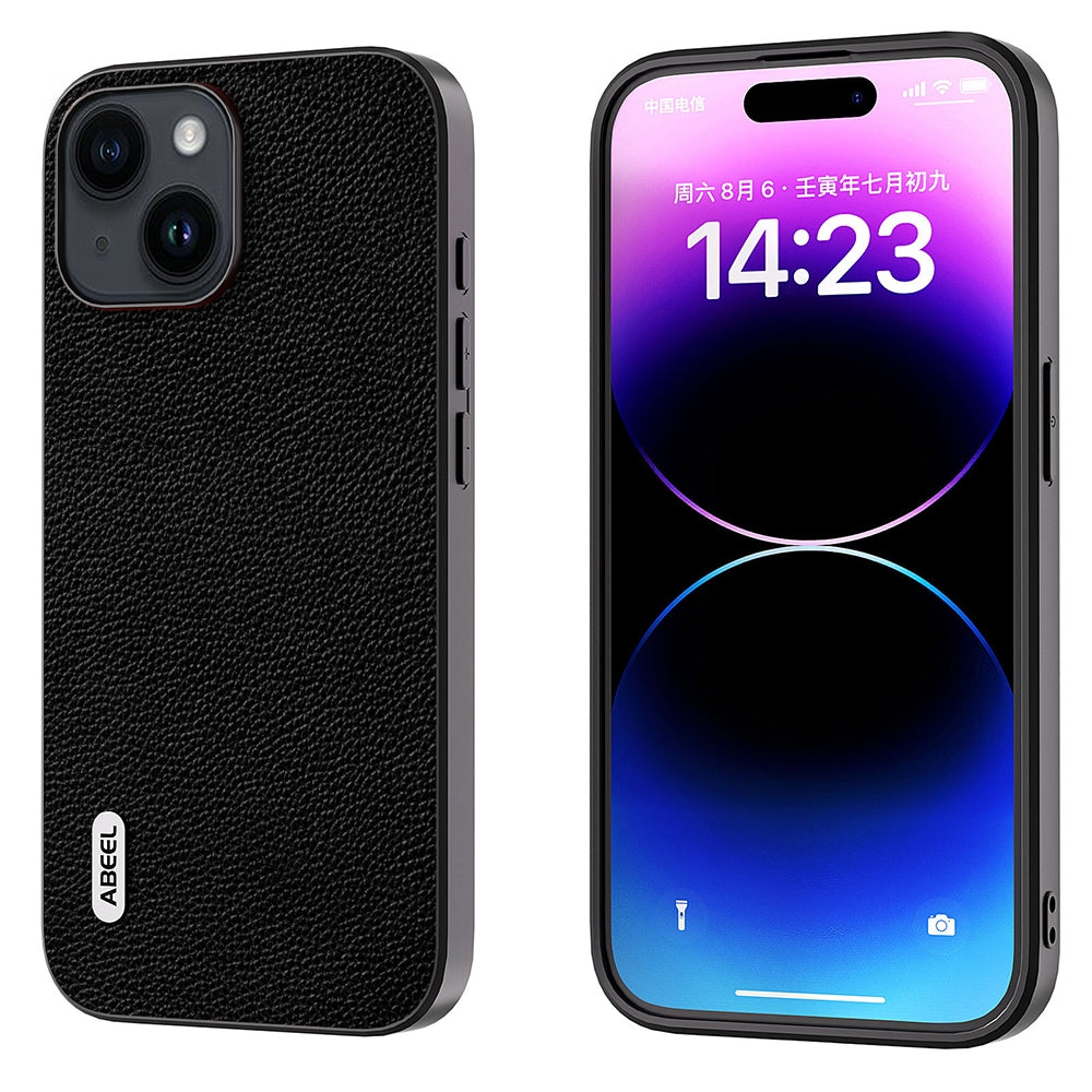 ELECTROPRIME For iPhone 15 ABEEL Black Edge Genuine Leather Mino Phone Case(Black)