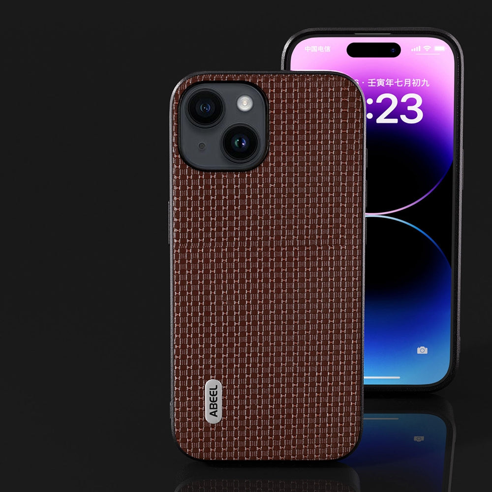 ELECTROPRIME For iPhone 15 ABEEL Genuine Leather Luxury Black Edge Phone Case(Coffee)