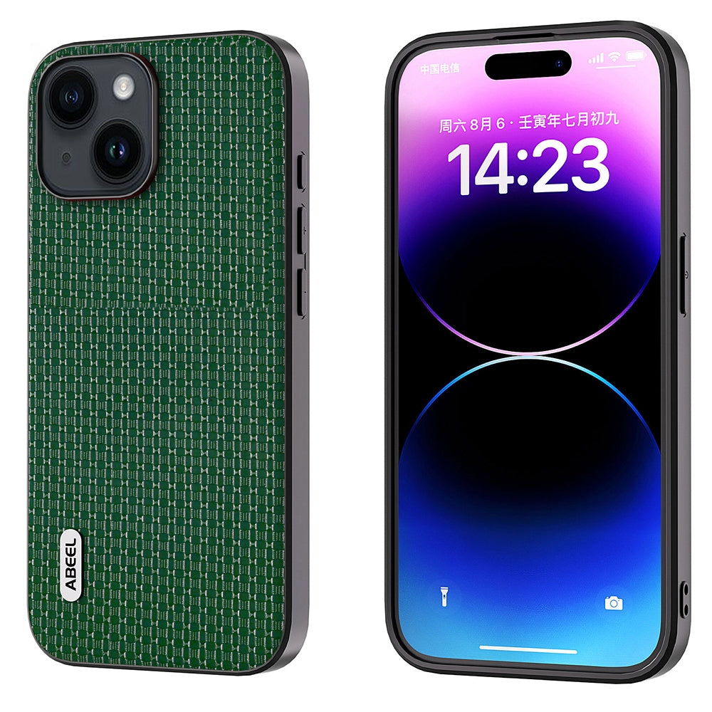 ELECTROPRIME For iPhone 15 ABEEL Genuine Leather Luxury Black Edge Phone Case(Night Green)