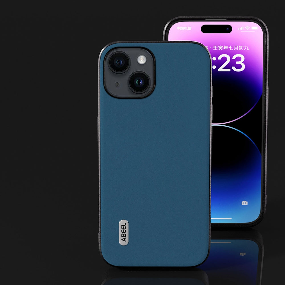 ELECTROPRIME For iPhone 15 ABEEL Genuine Leather Silky Soft Black Edge Phone Case(Blue)