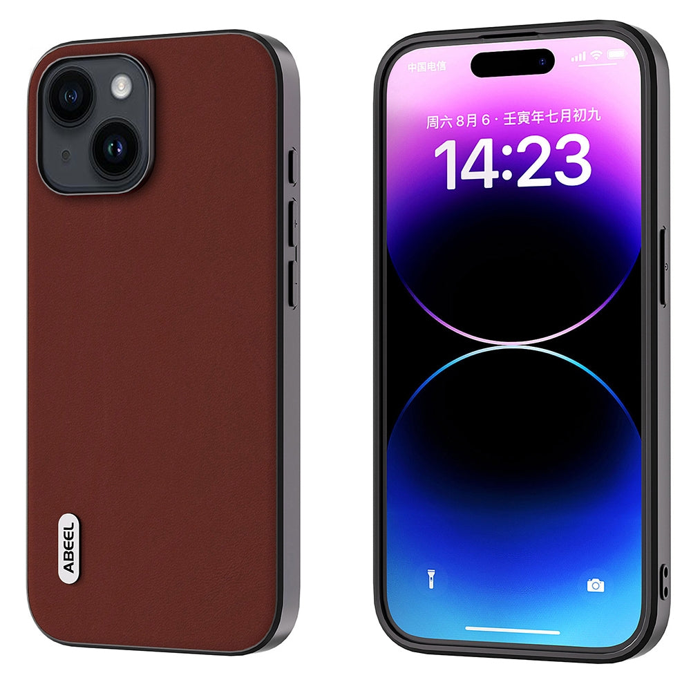 ELECTROPRIME For iPhone 15 ABEEL Genuine Leather Silky Soft Black Edge Phone Case(Coffee)