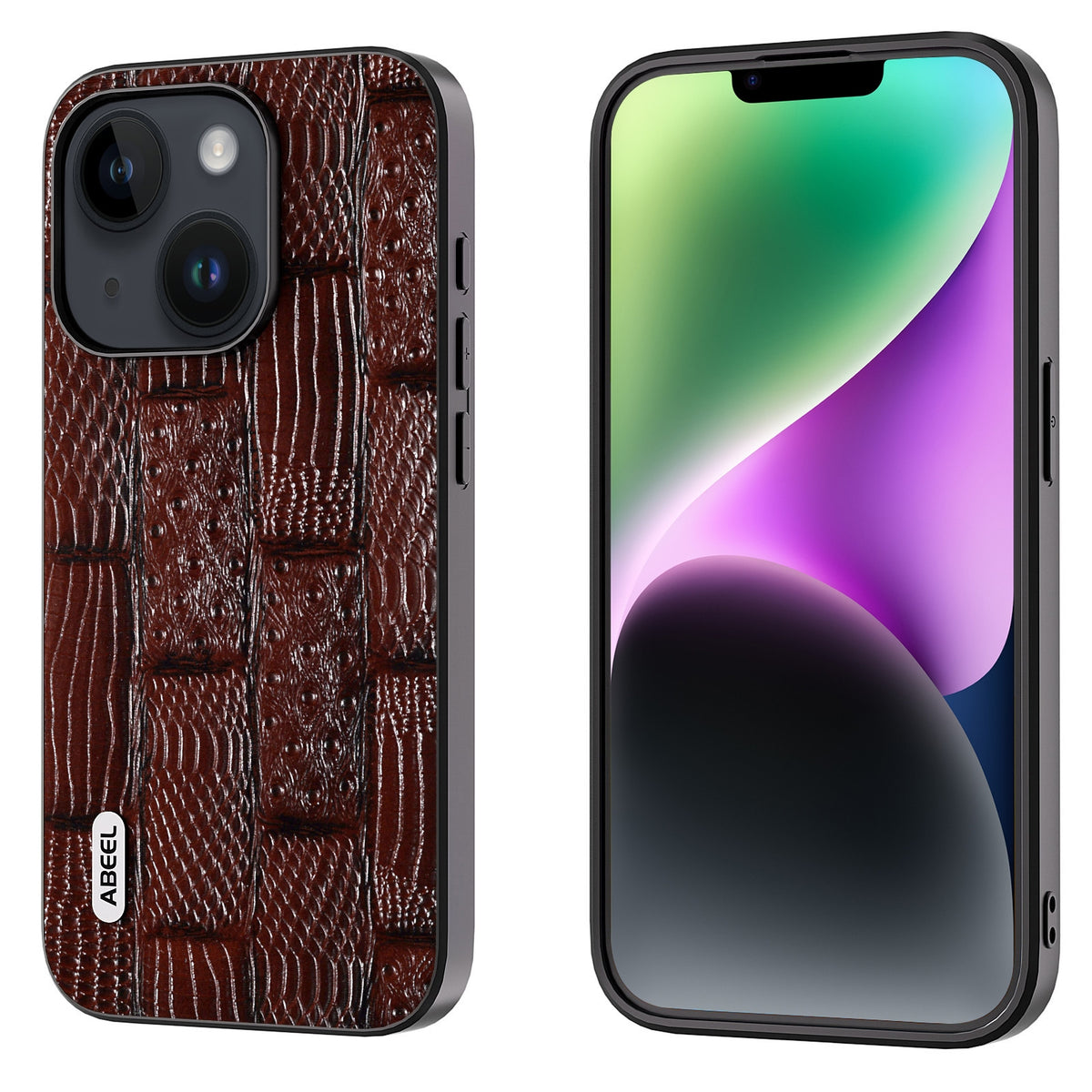 ELECTROPRIME For iPhone 15 ABEEL Genuine Leather Mahjong Pattern Black Edge Phone Case(Brown)