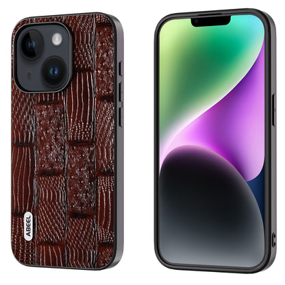 ELECTROPRIME For iPhone 15 ABEEL Genuine Leather Mahjong Pattern Black Edge Phone Case(Brown)