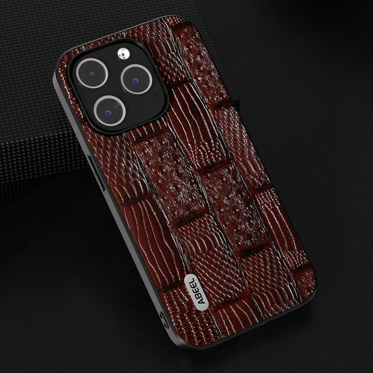 ELECTROPRIME For iPhone 15 ABEEL Genuine Leather Mahjong Pattern Black Edge Phone Case(Brown)