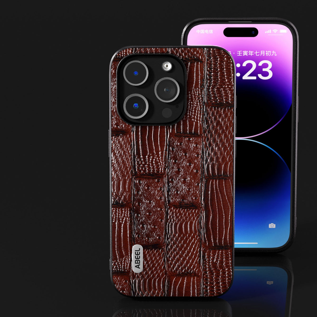 ELECTROPRIME For iPhone 15 ABEEL Genuine Leather Mahjong Pattern Black Edge Phone Case(Brown)