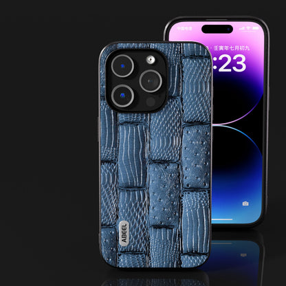 ELECTROPRIME For iPhone 15 ABEEL Genuine Leather Mahjong Pattern Black Edge Phone Case(Blue)
