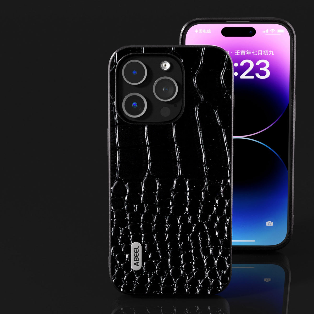 ELECTROPRIME For iPhone 15 ABEEL Genuine Leather Crocodile Pattern Black Edge Phone Case(Black)