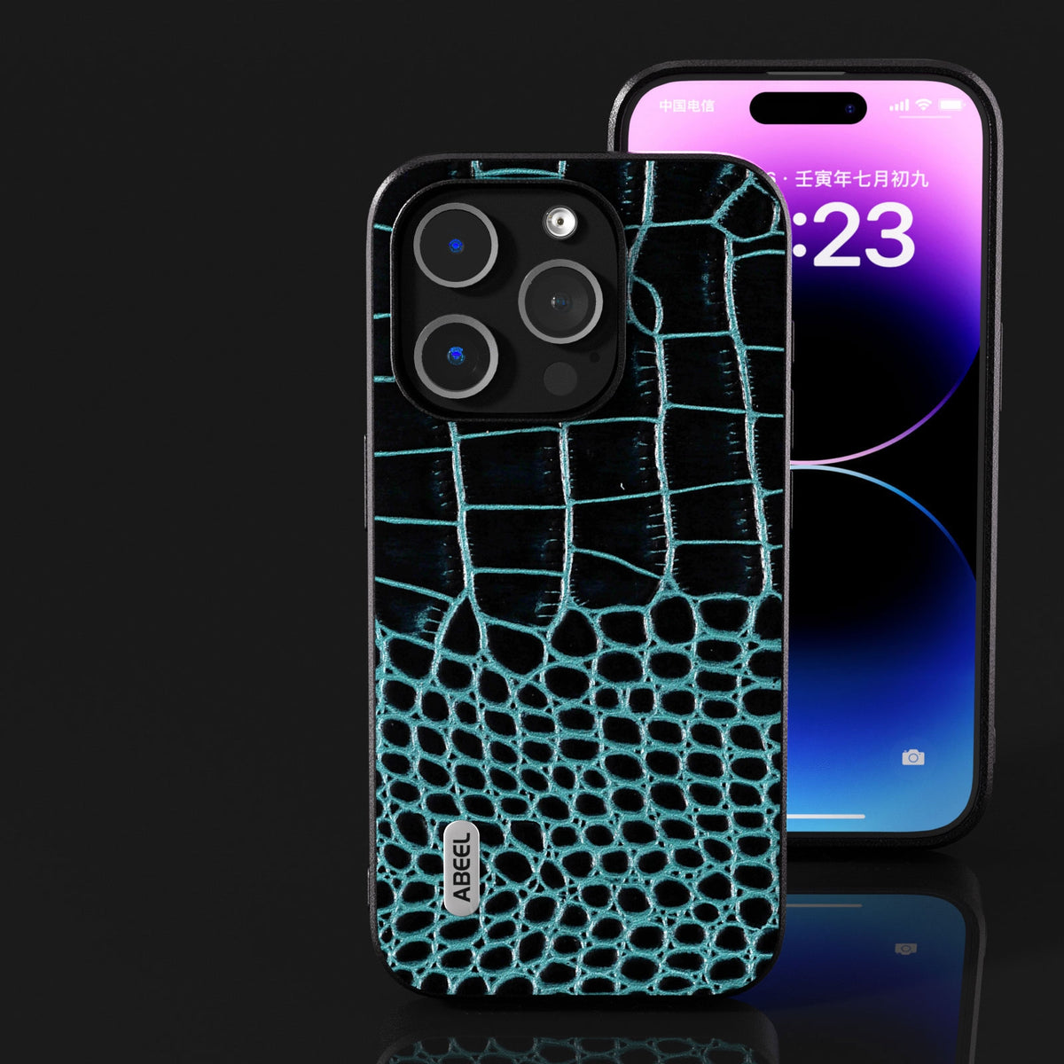 ELECTROPRIME For iPhone 15 ABEEL Genuine Leather Crocodile Pattern Black Edge Phone Case(Blue)