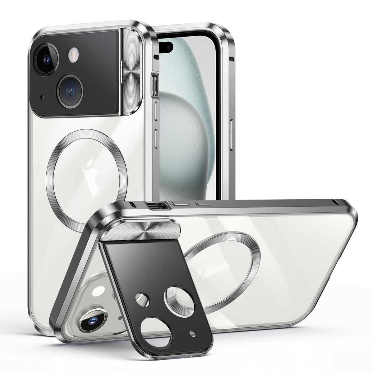 ELECTROPRIME For iPhone 15 Large Window Holder MagSafe Magnetic Metal Phone Case(Silver)