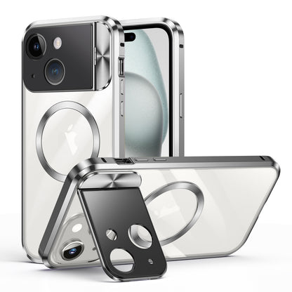 ELECTROPRIME For iPhone 15 Large Window Holder MagSafe Magnetic Metal Phone Case(Silver)