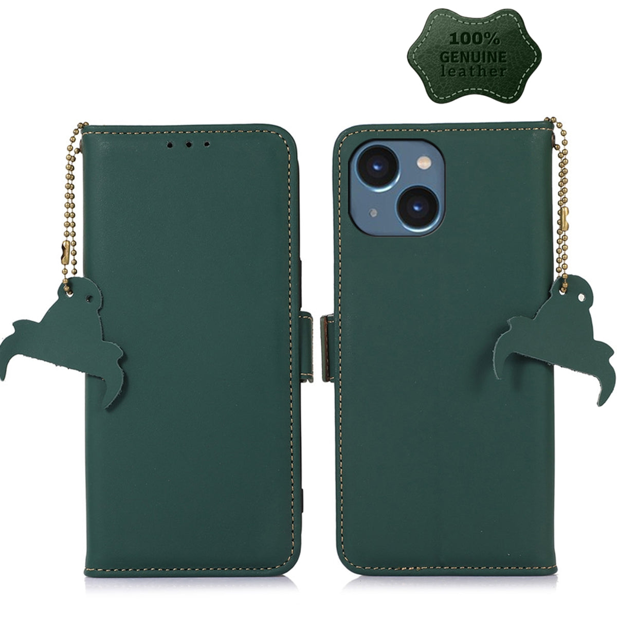 ELECTROPRIME For iPhone 15 Plus Genuine Leather Magnetic RFID Leather Phone Case(Green)