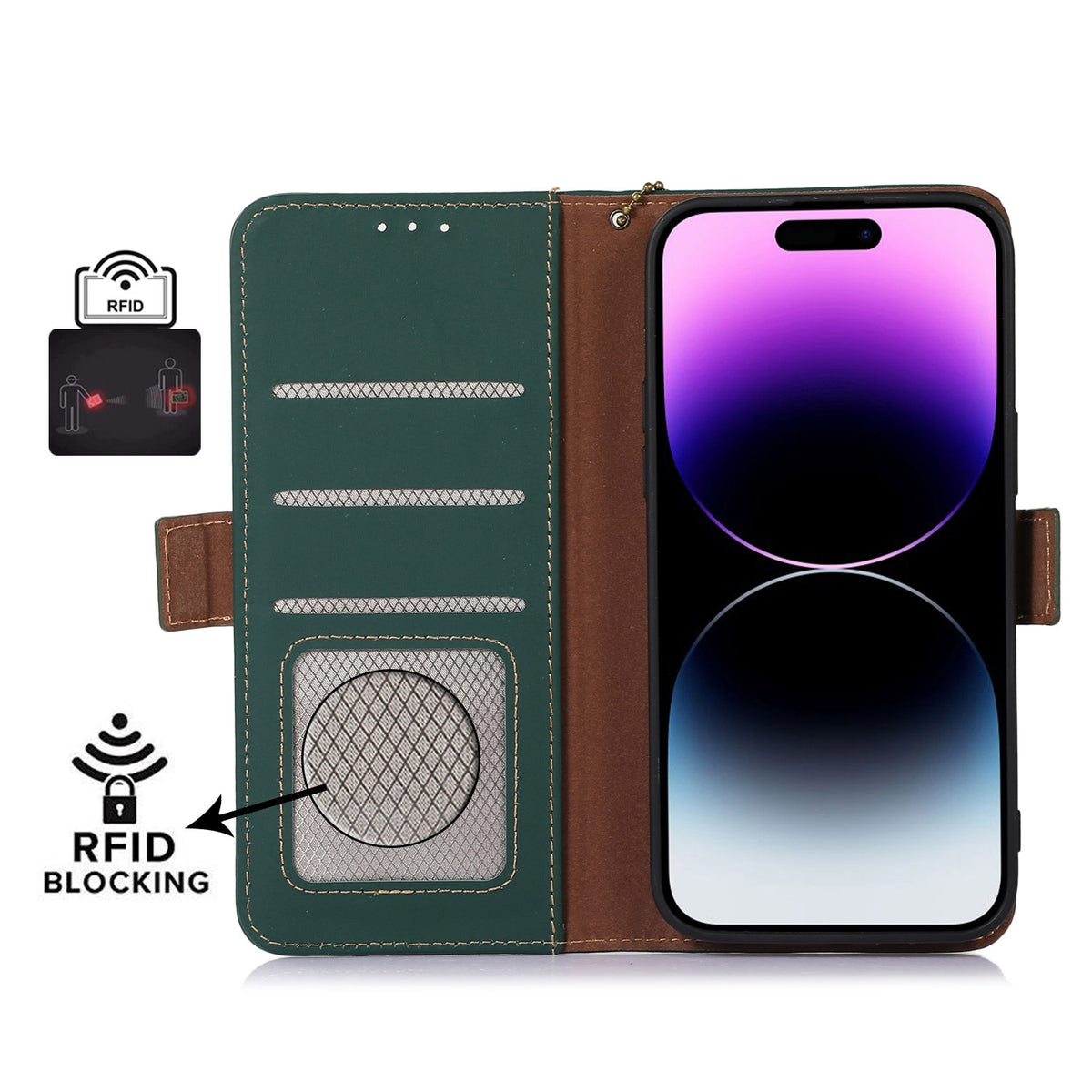 ELECTROPRIME For iPhone 15 Plus Genuine Leather Magnetic RFID Leather Phone Case(Green)