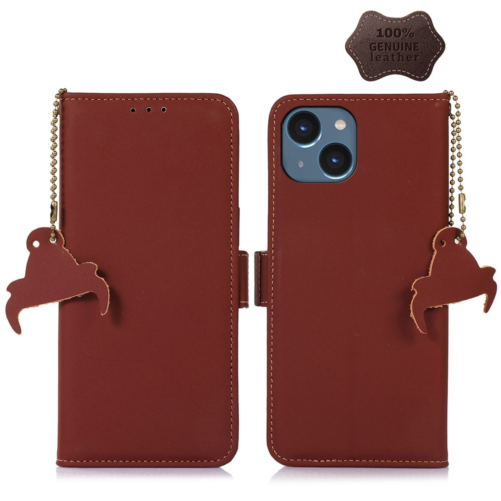 ELECTROPRIME For iPhone 15 Genuine Leather Magnetic RFID Leather Phone Case(Coffee)