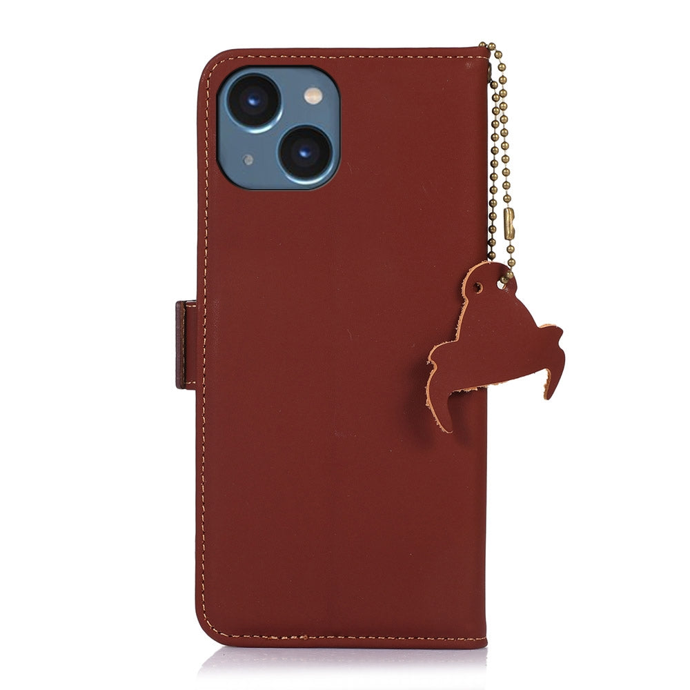 ELECTROPRIME For iPhone 15 Genuine Leather Magnetic RFID Leather Phone Case(Coffee)