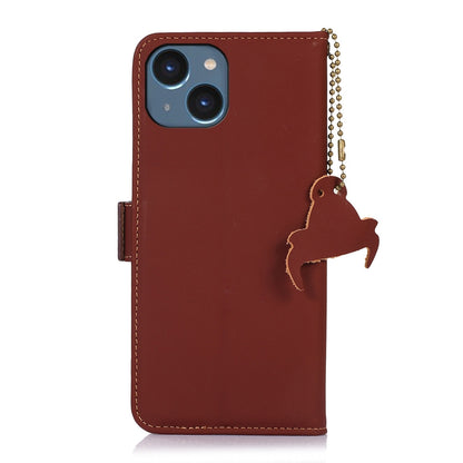 ELECTROPRIME For iPhone 15 Genuine Leather Magnetic RFID Leather Phone Case(Coffee)
