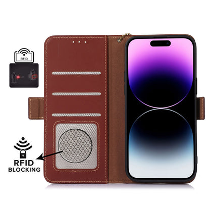 ELECTROPRIME For iPhone 15 Genuine Leather Magnetic RFID Leather Phone Case(Coffee)