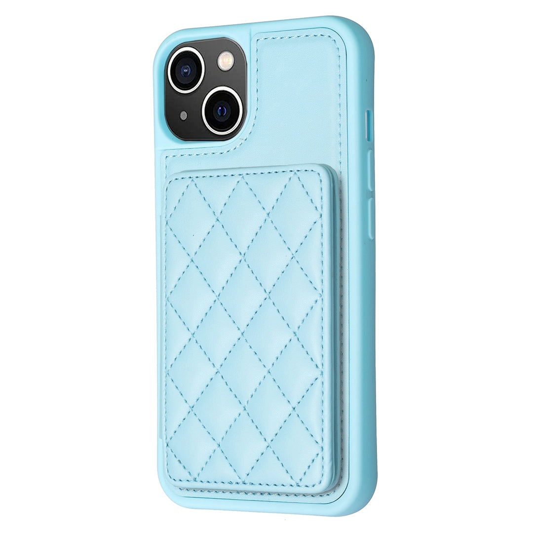ELECTROPRIME For iPhone 15 Plus BF25 Square Plaid Card Bag Holder Phone Case(Blue)