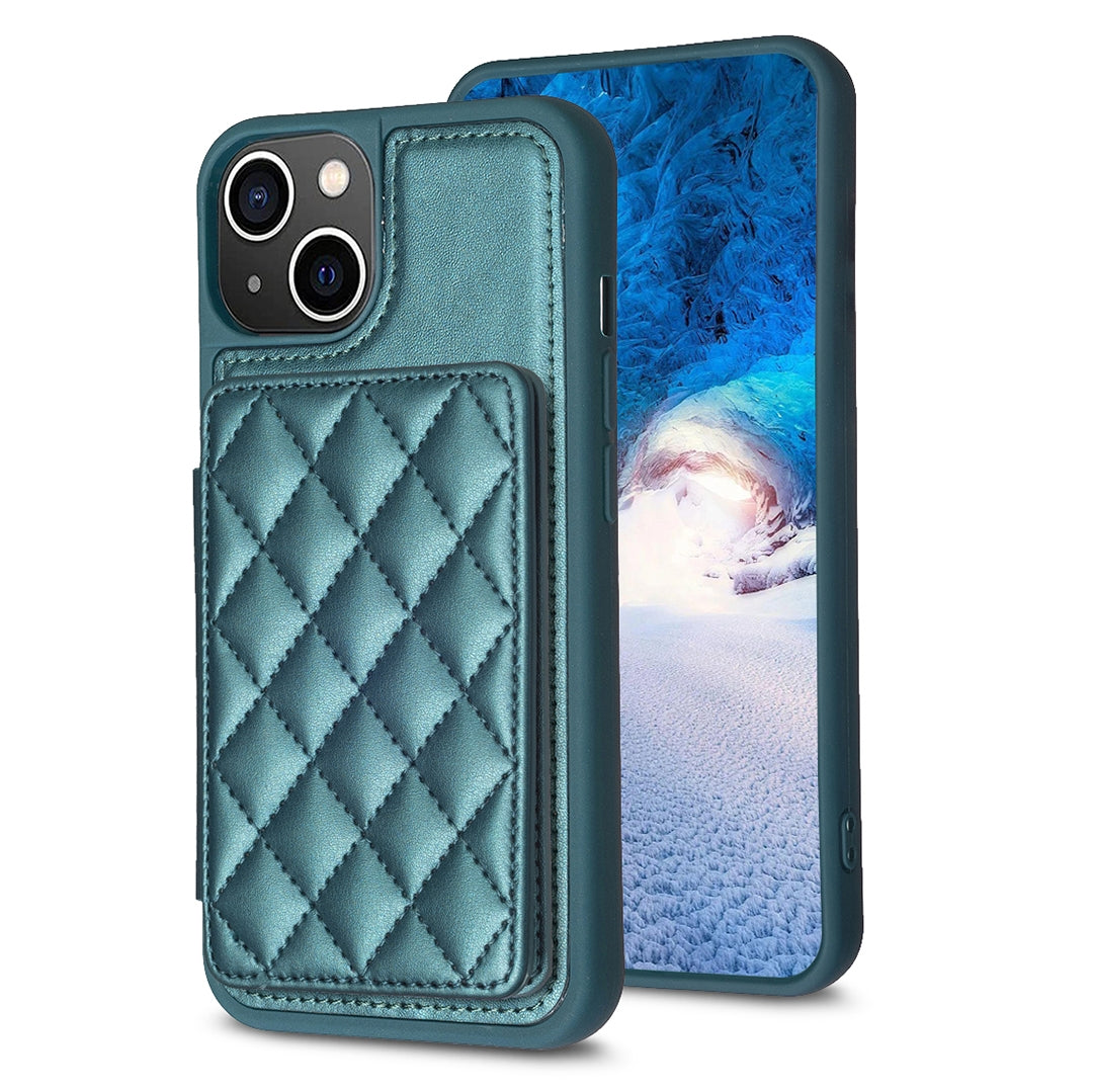 ELECTROPRIME For iPhone 15 BF25 Square Plaid Card Bag Holder Phone Case(Green)