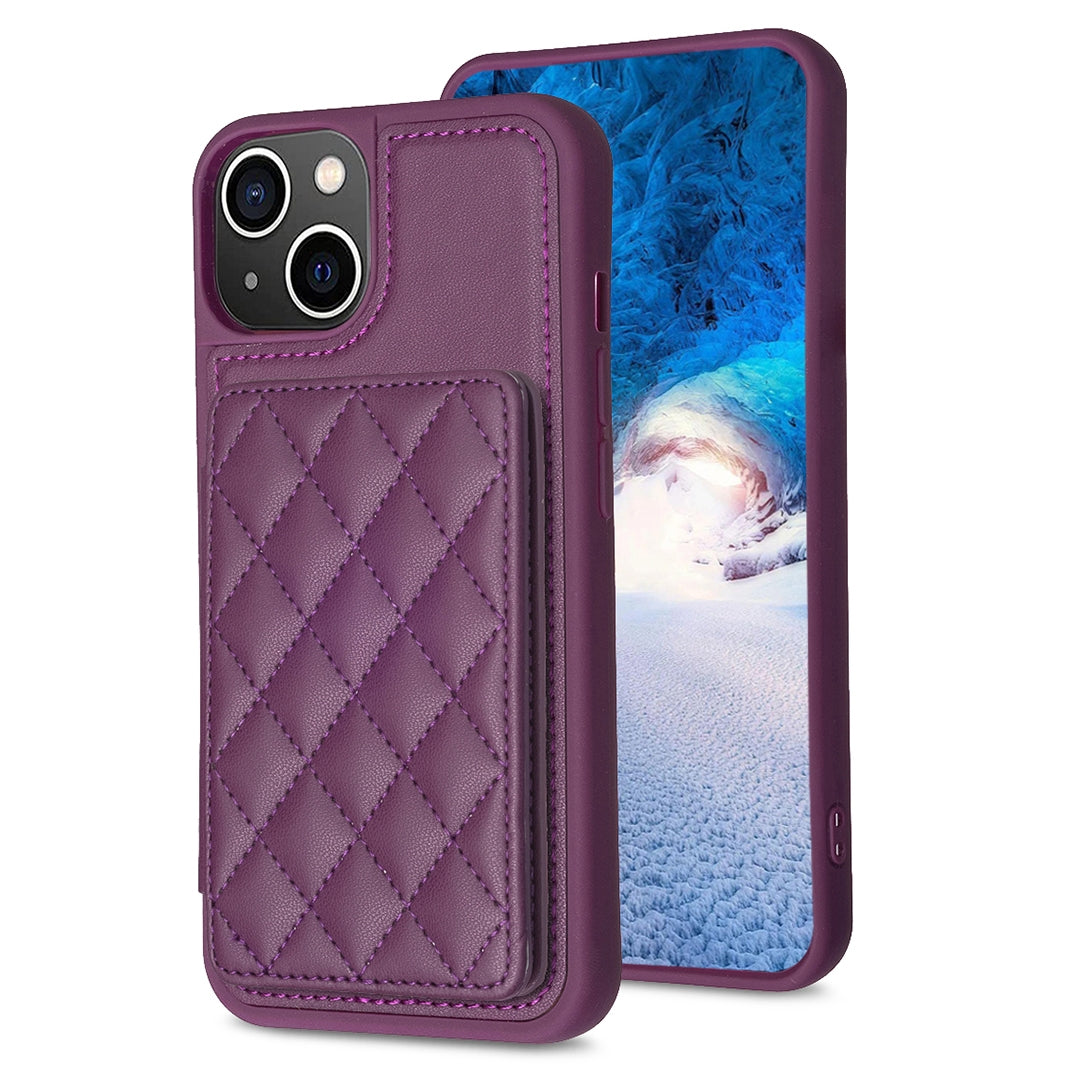 ELECTROPRIME For iPhone 15 BF25 Square Plaid Card Bag Holder Phone Case(Dark Purple)