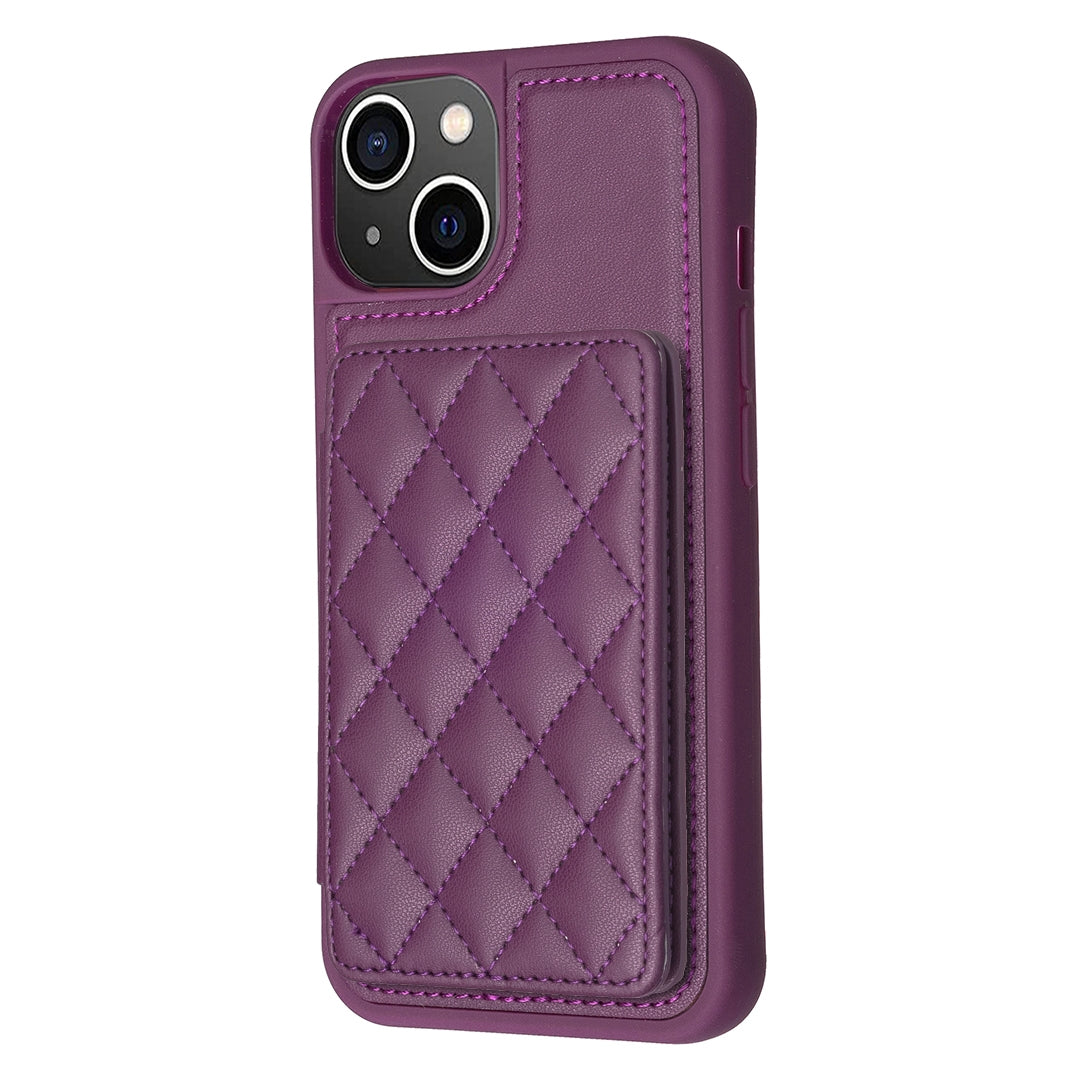 ELECTROPRIME For iPhone 15 BF25 Square Plaid Card Bag Holder Phone Case(Dark Purple)