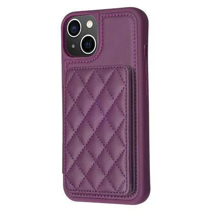 ELECTROPRIME For iPhone 15 BF25 Square Plaid Card Bag Holder Phone Case(Dark Purple)
