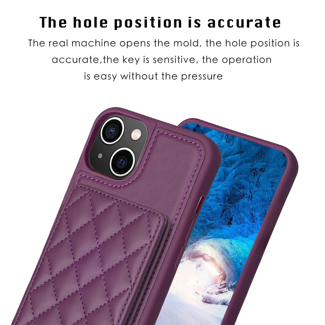 ELECTROPRIME For iPhone 15 BF25 Square Plaid Card Bag Holder Phone Case(Dark Purple)