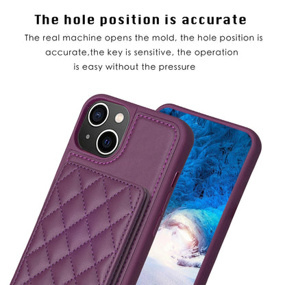 ELECTROPRIME For iPhone 15 BF25 Square Plaid Card Bag Holder Phone Case(Dark Purple)