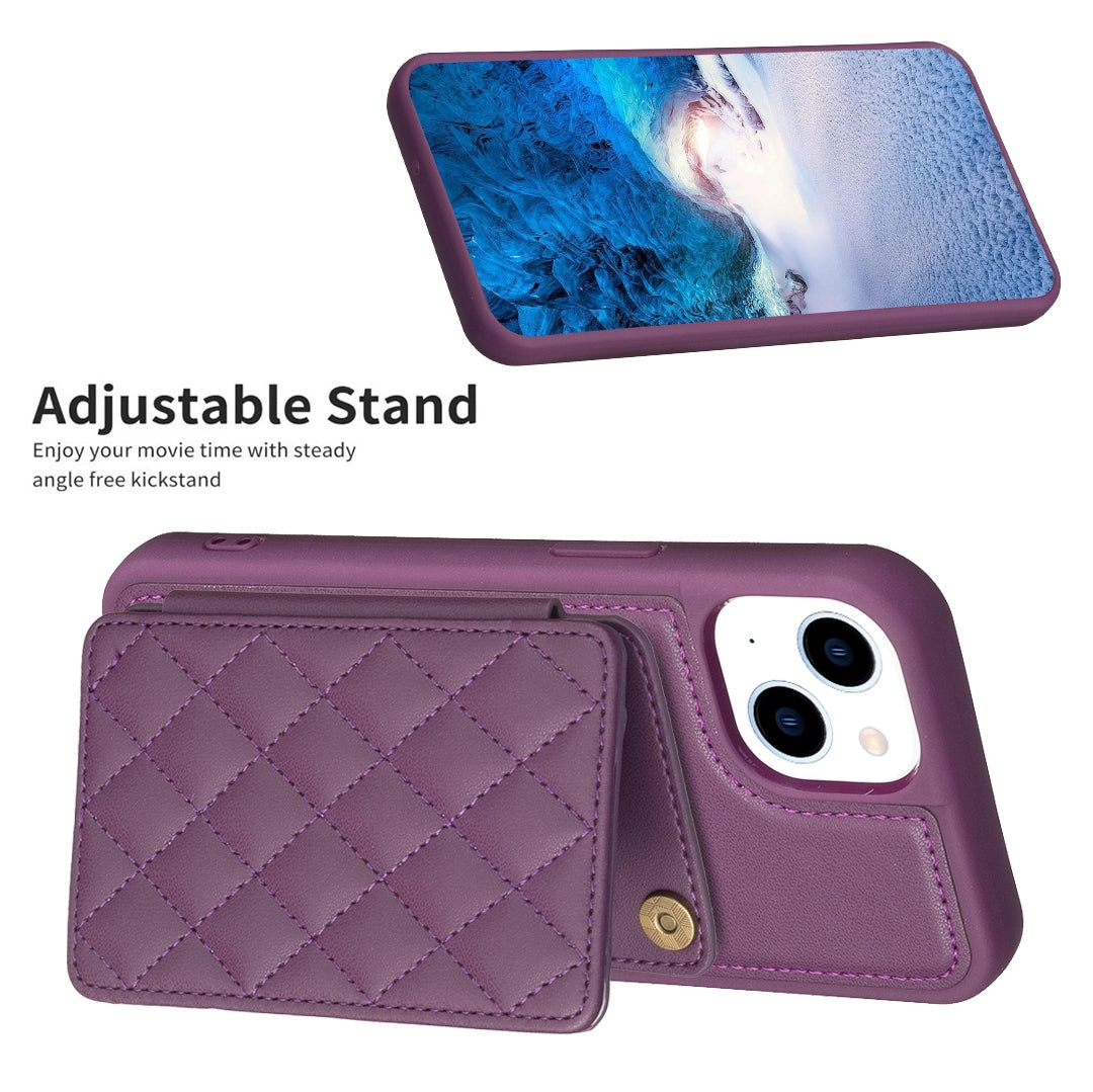 ELECTROPRIME For iPhone 15 BF25 Square Plaid Card Bag Holder Phone Case(Dark Purple)