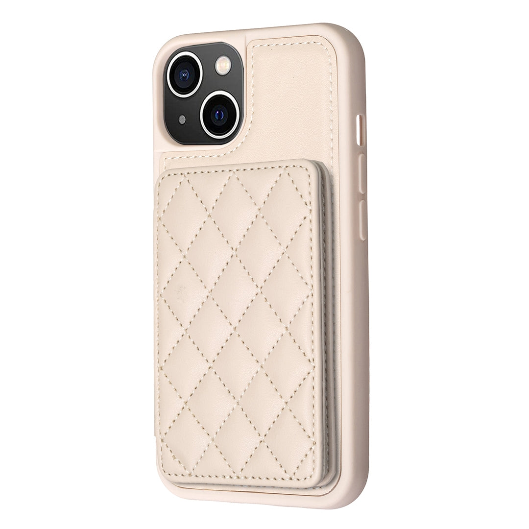 ELECTROPRIME For iPhone 15 BF25 Square Plaid Card Bag Holder Phone Case(Beige)