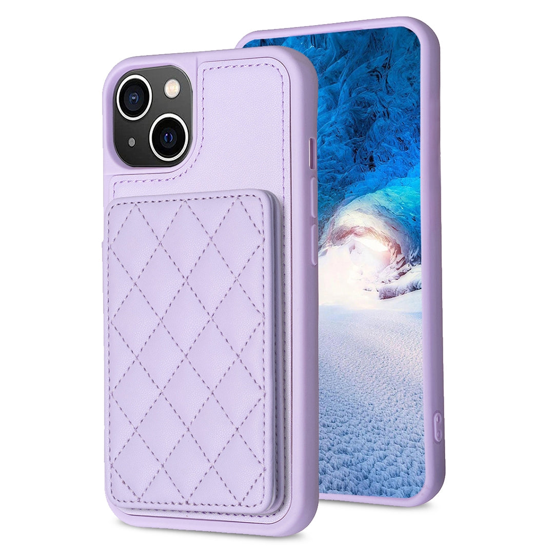 ELECTROPRIME For iPhone 15 BF25 Square Plaid Card Bag Holder Phone Case(Purple)