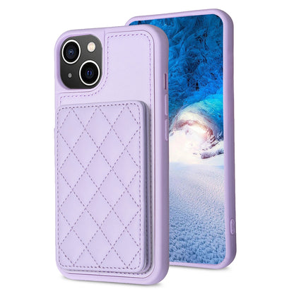 ELECTROPRIME For iPhone 15 BF25 Square Plaid Card Bag Holder Phone Case(Purple)