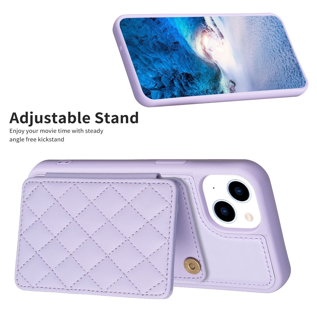 ELECTROPRIME For iPhone 15 BF25 Square Plaid Card Bag Holder Phone Case(Purple)