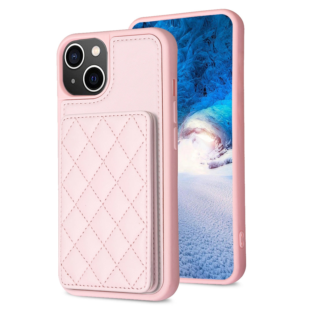 ELECTROPRIME For iPhone 15 BF25 Square Plaid Card Bag Holder Phone Case(Pink)