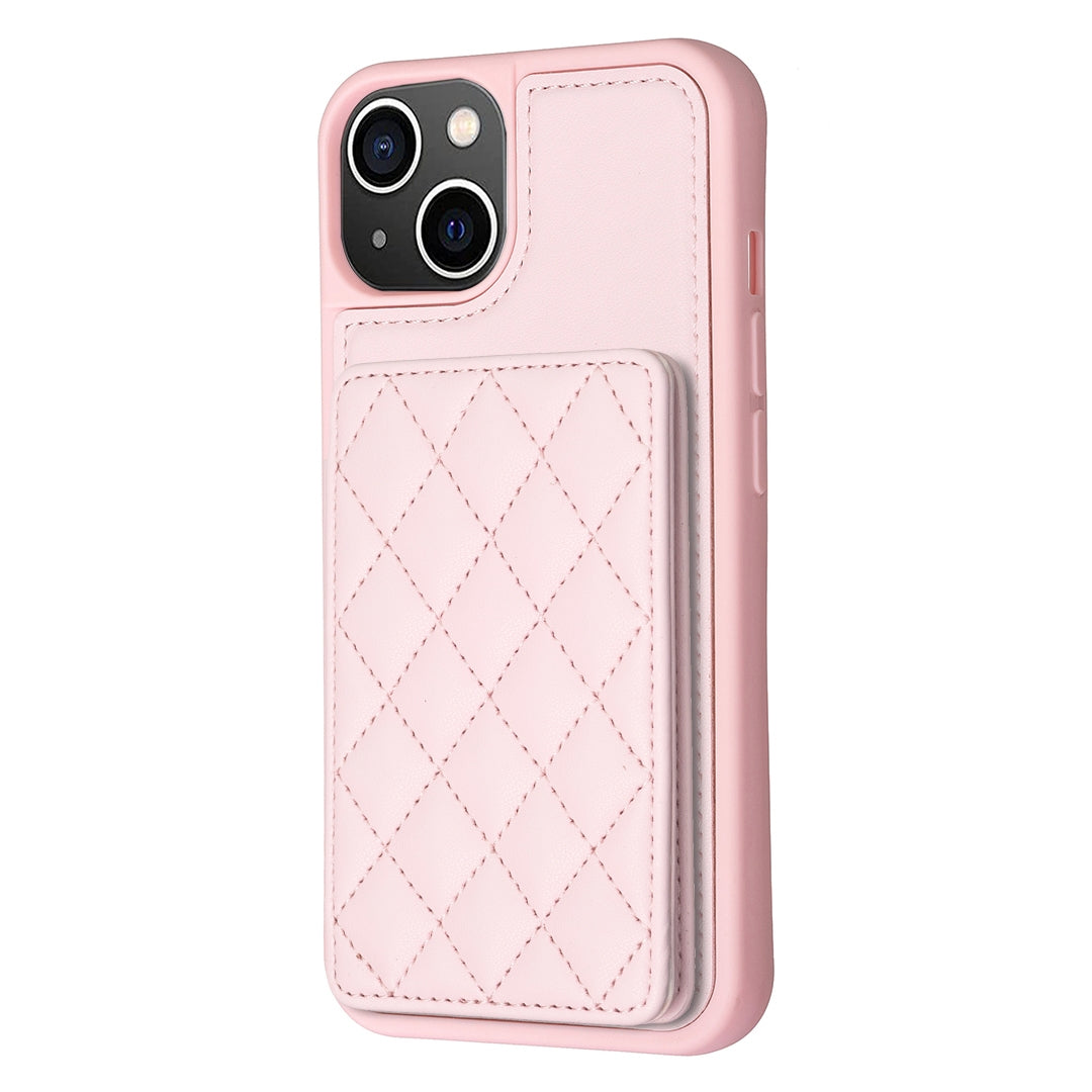 ELECTROPRIME For iPhone 15 BF25 Square Plaid Card Bag Holder Phone Case(Pink)