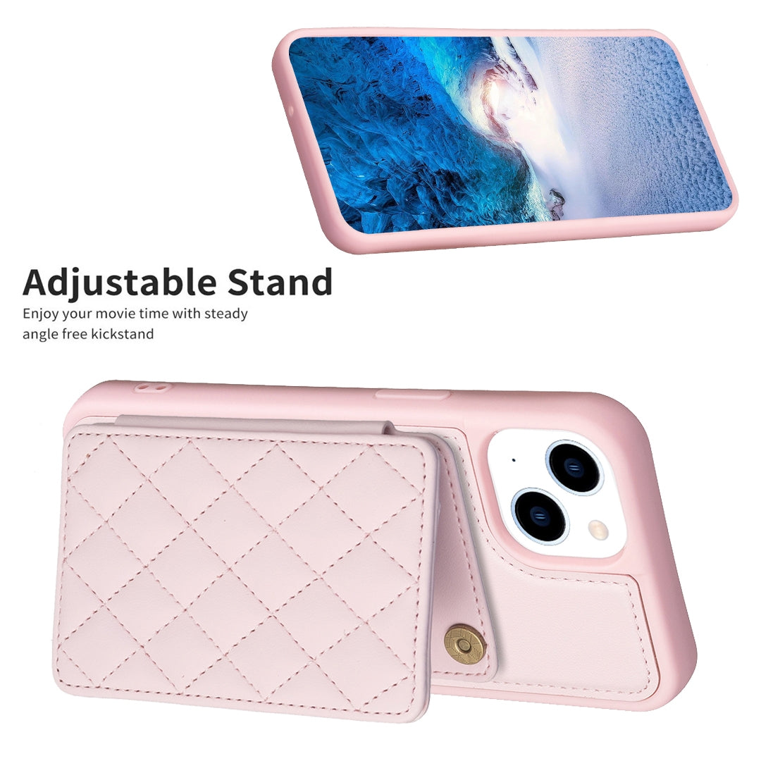 ELECTROPRIME For iPhone 15 BF25 Square Plaid Card Bag Holder Phone Case(Pink)