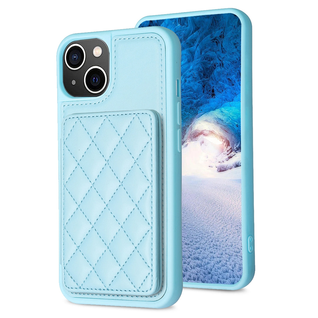 ELECTROPRIME For iPhone 15 BF25 Square Plaid Card Bag Holder Phone Case(Blue)