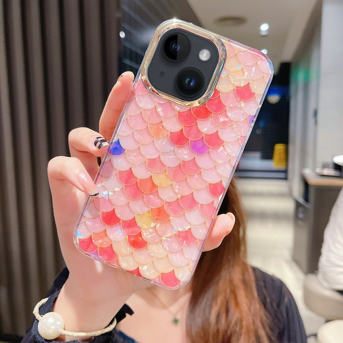 ELECTROPRIME For iPhone 15 Colorful Crystal Shell Pattern PC + TPU Phone Case(Fish-scales Red)