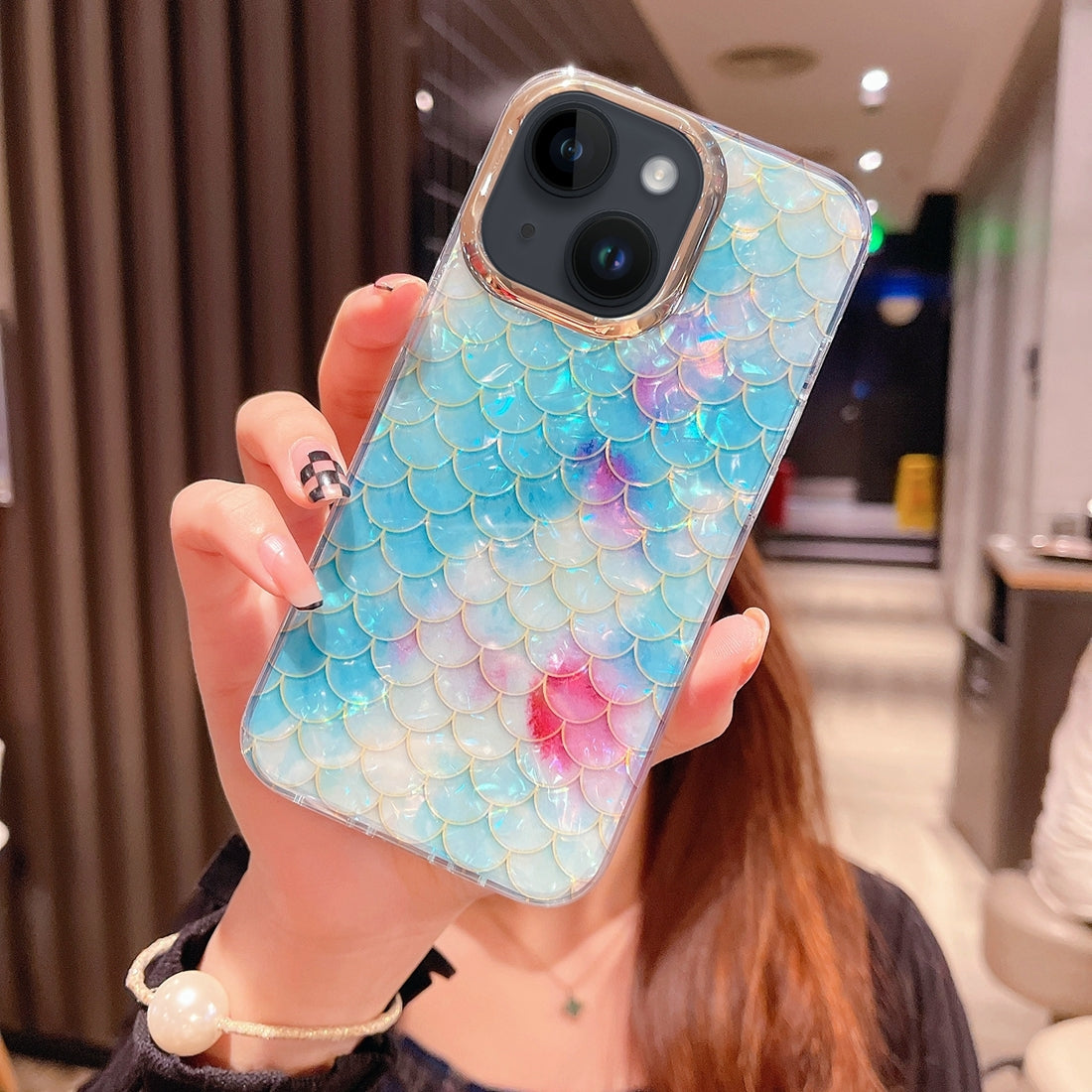 ELECTROPRIME For iPhone 15 Colorful Crystal Shell Pattern PC + TPU Phone Case(Fish-scales Blue)
