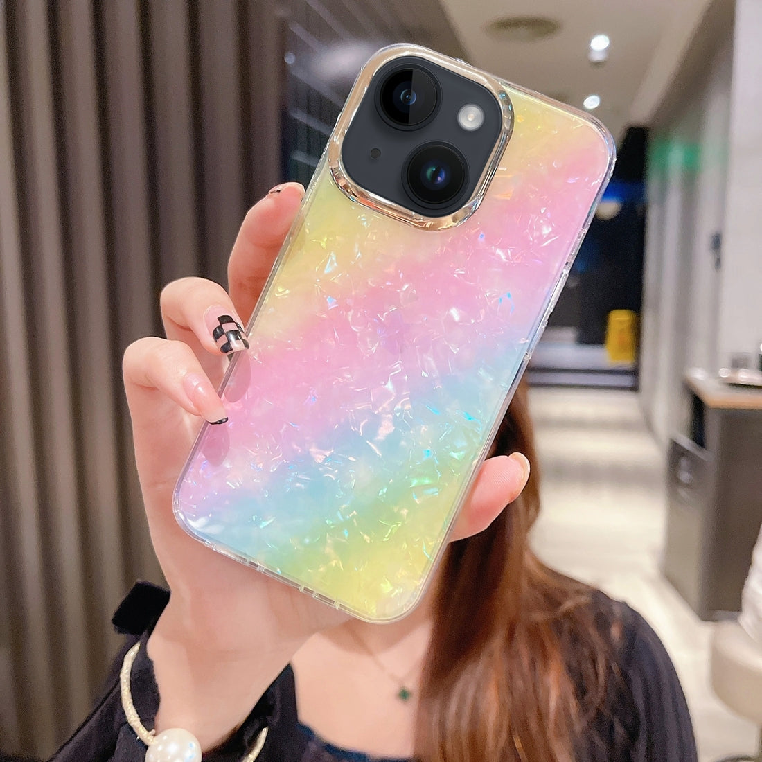 ELECTROPRIME For iPhone 15 Colorful Crystal Shell Pattern PC + TPU Phone Case(Rainbow)