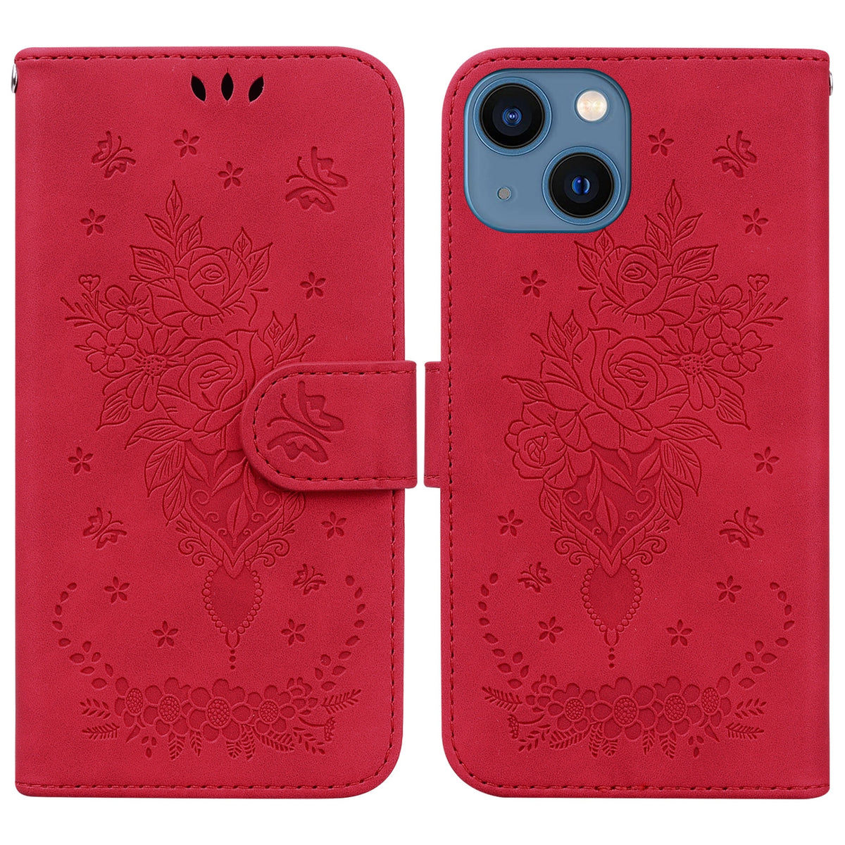 ELECTROPRIME For iPhone 15 Butterfly Rose Embossed Leather Phone Case(Red)
