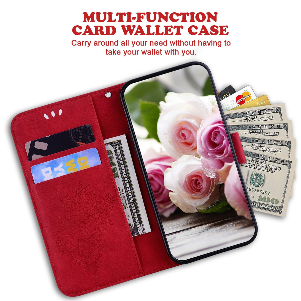 ELECTROPRIME For iPhone 15 Butterfly Rose Embossed Leather Phone Case(Red)