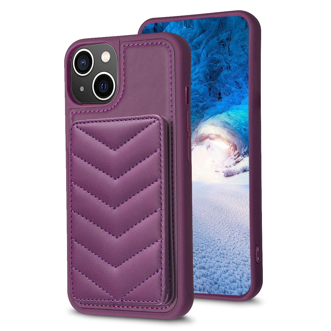 ELECTROPRIME For iPhone 15 BF26 Wave Pattern Card Bag Holder Phone Case(Dark Purple)