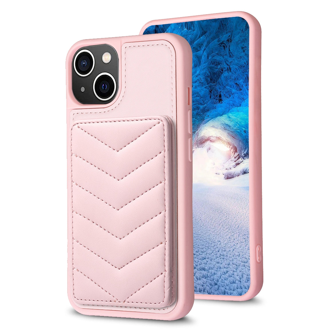 ELECTROPRIME For iPhone 15 BF26 Wave Pattern Card Bag Holder Phone Case(Pink)