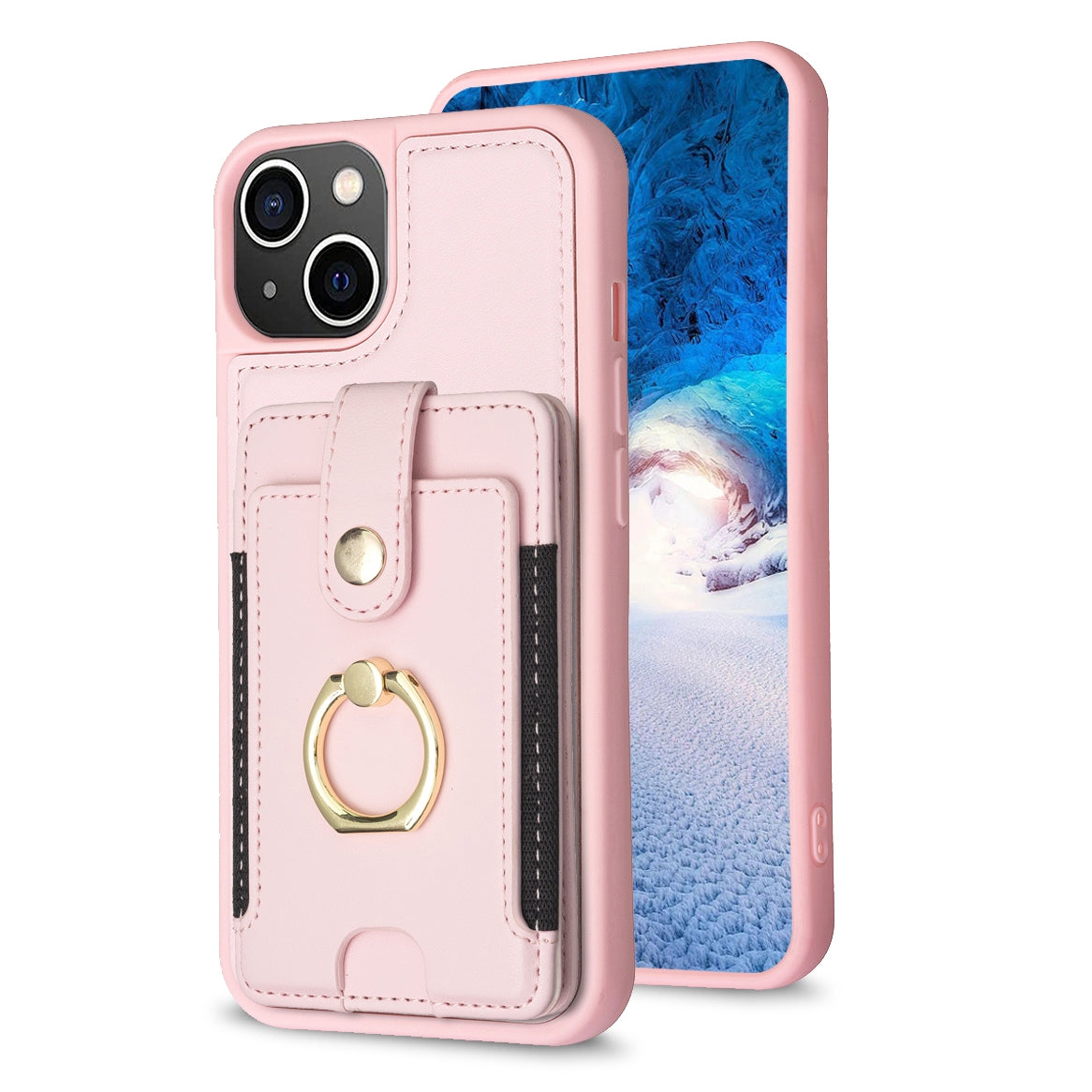 ELECTROPRIME For iPhone 15 Plus BF27 Metal Ring Card Bag Holder Phone Case(Pink)