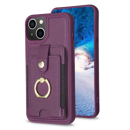 ELECTROPRIME For iPhone 15 BF27 Metal Ring Card Bag Holder Phone Case(Dark Purple)