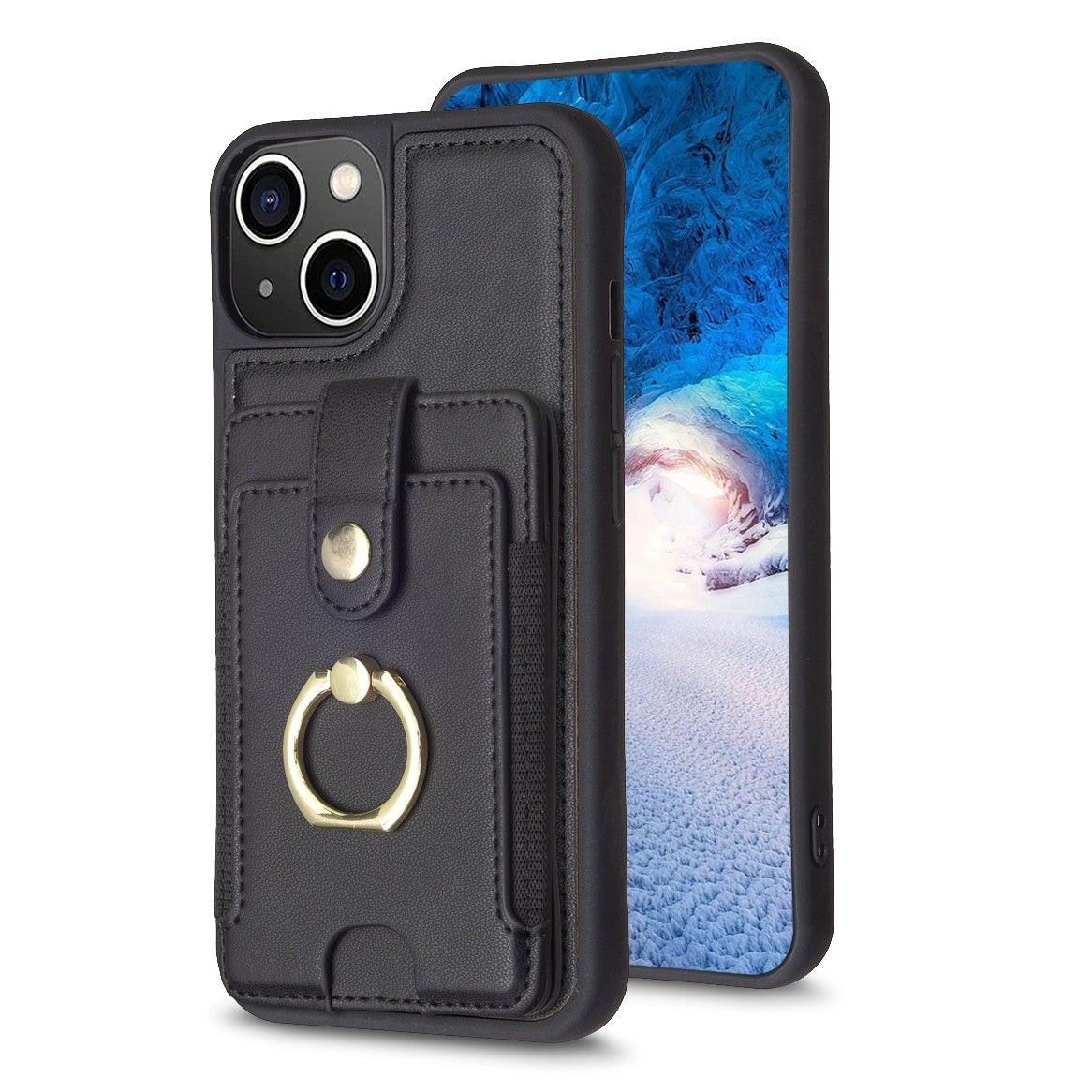 ELECTROPRIME For iPhone 15 BF27 Metal Ring Card Bag Holder Phone Case(Black)