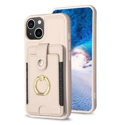 ELECTROPRIME For iPhone 15 BF27 Metal Ring Card Bag Holder Phone Case(Beige)