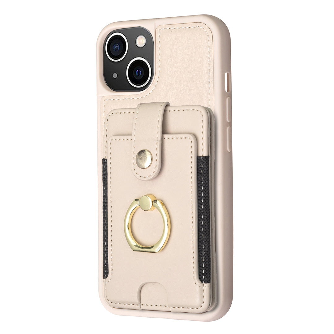 ELECTROPRIME For iPhone 15 BF27 Metal Ring Card Bag Holder Phone Case(Beige)
