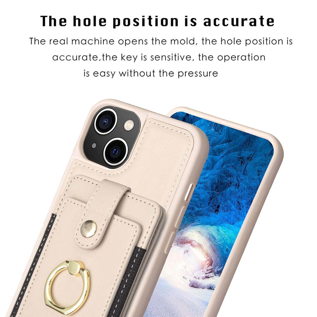 ELECTROPRIME For iPhone 15 BF27 Metal Ring Card Bag Holder Phone Case(Beige)