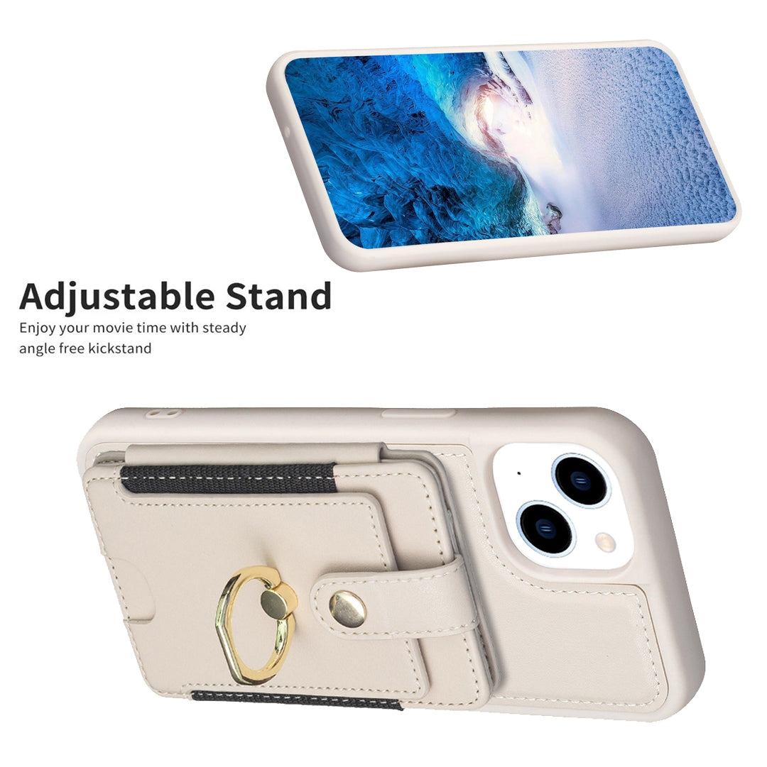 ELECTROPRIME For iPhone 15 BF27 Metal Ring Card Bag Holder Phone Case(Beige)